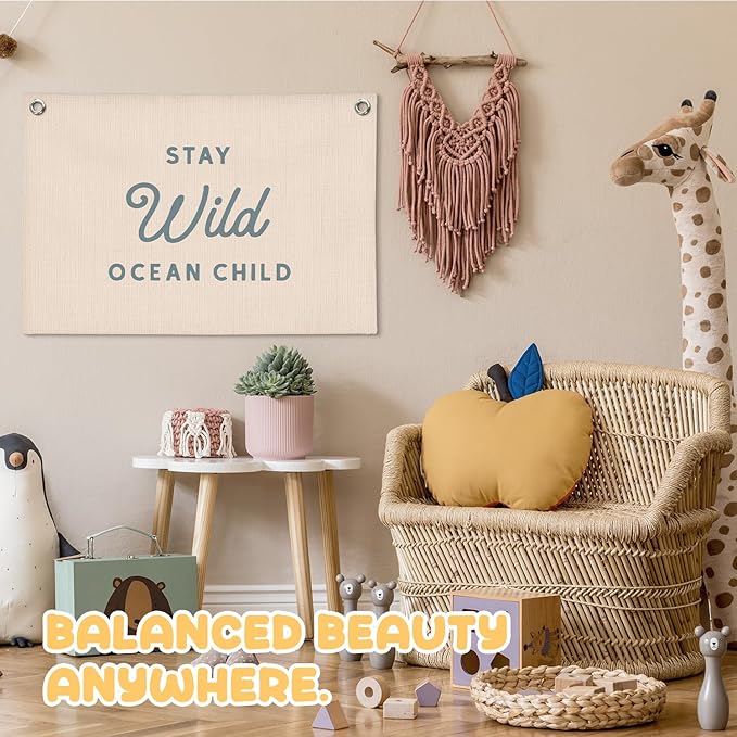 Nursery Wall Decor,Stay Wild Ocean Child Coastal Linen Canvas Banner, Nursery Decor Hanging Flag Kids Room Playroom Nursery Wall Art, Retro Classroom Coastal Room Decor, 30x20 Inch