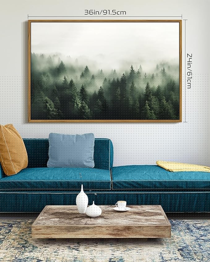 SHENIFY Green Fog Pine Tree Forest Vintage Framed Wall Art Modern Landscape Scenery Farmhouse Artwork Prints Decor for Hallway Living Room Bedroom Dining Room - 24x36in Natural Framed