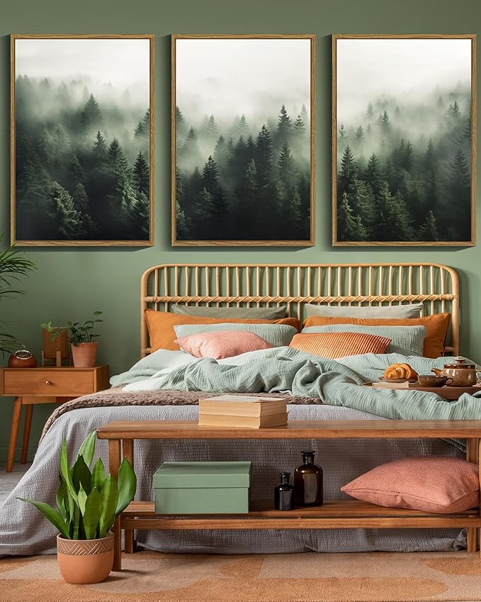 SHENIFY Green Fog Pine Tree Forest Canvas Wall Art Large 16x24in Framed Nature Modern Artwork Prints Decor - Natural Framed