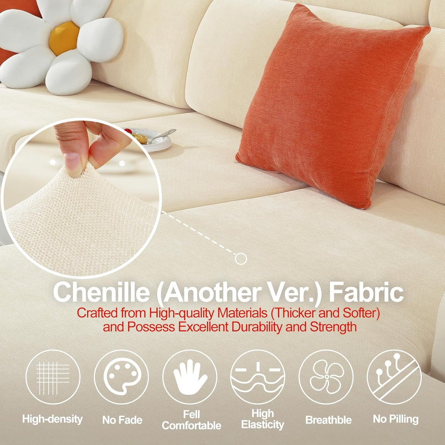 Large Backrest Cushion Covers Super Stretch for 2 Couch Back Cushions, Featuring Chenille Yarn (Softer Version, 2PC, Beige)