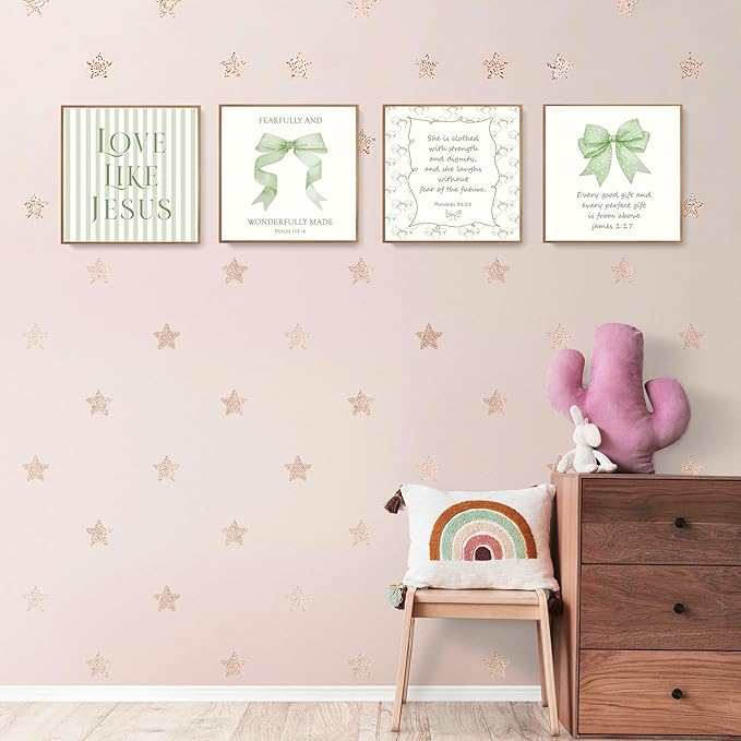 LARTSFRO Coquette Sage Green Bow Jesus Wall Art Decor Posters, Green Bow Christian Room Bedroom Bathroom Wall Art Decor Aesthetic for Teen Girls Gifts, Inspirational Bible Verses Bow Wall Decor, 10x10 Inch Set of 4 Bow Pictures(UNFRAMED)