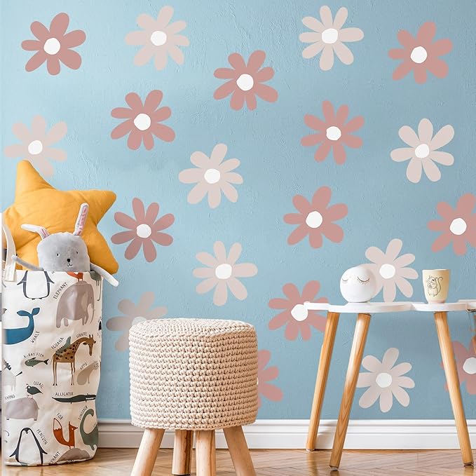 TaoBary 12 Sheet Daisy Wall Sticker Decal Removable Cute Daisy Bedroom Room Decor Flower Wall Sticker Pink White Flower Decal Wallpaper Peel and Stick for Nursery Home(Grey Color,Simple Style)