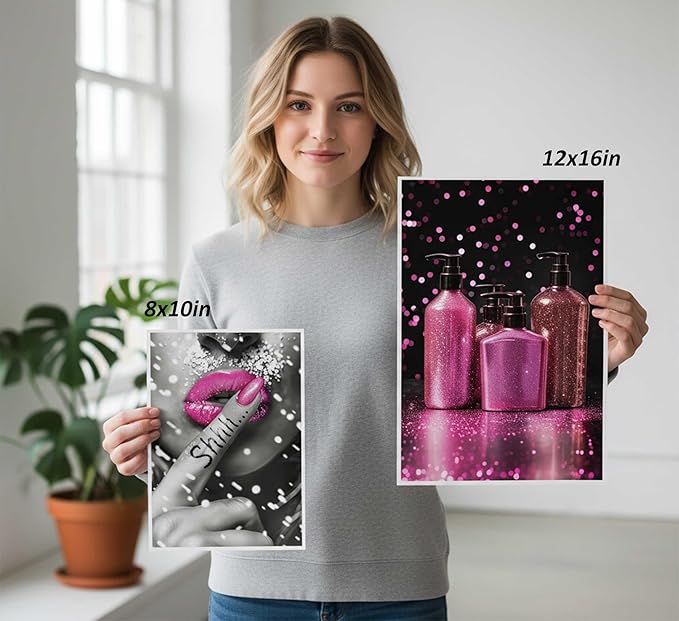 6Pcs Fashion Bathroom Canvas Wall Art Black and Pink Glam Glitter Tissue Funny Modern Women Painting Pictures Wall Decor Poster Print Artwork for Toilet Home Decoration Unframed