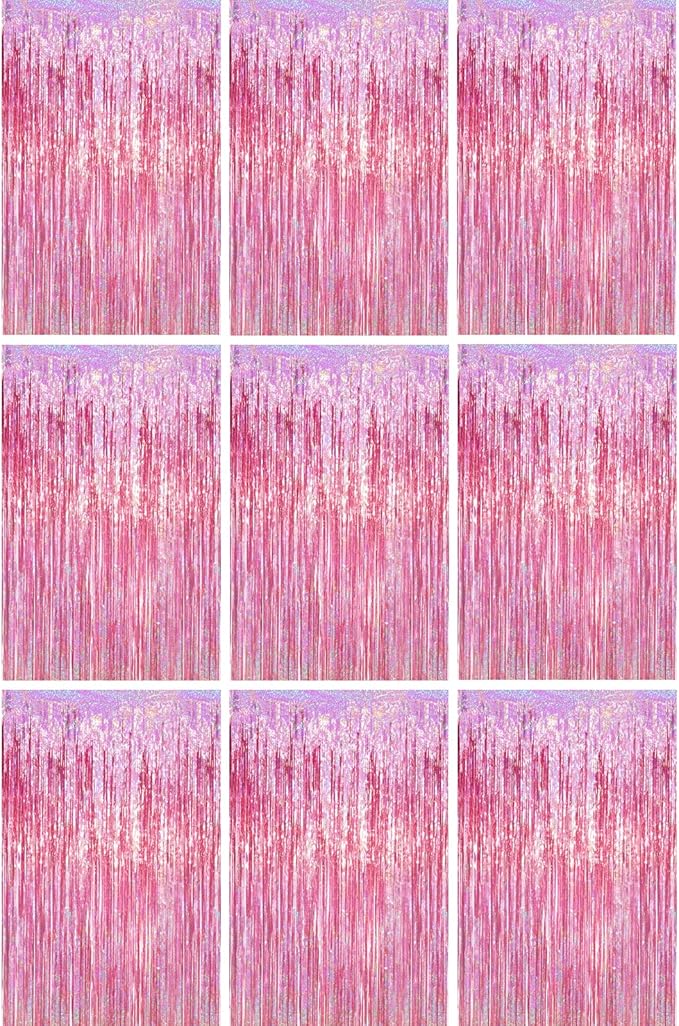 3.3 x 6.6 ft Foil Fringe Backdrop Curtains, Tinsel Streamers Party Decorations, Fringe Backdrop for Birthday, Baby Shower, Gender Reveal, Graduation (9, Pink)