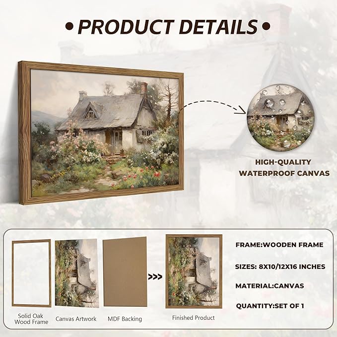Framed Farmhouse Wall Decor, Country Cottage Pictures Wall Art, Pastoral Nature Landscape Canvas Print, Vintage Farm House Oil Painting Artwork for Bedroom Living Room – 8x10 inch