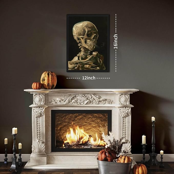 Framed Vincent Van Gogh Skull with Cigarette Canvas Wall Art - Skeleton Paintings Wall Decor, Post-Impressionism Gothic Picture Aesthetic for Halloween Decor Bedroom Living Room Artwork 12x16 inch