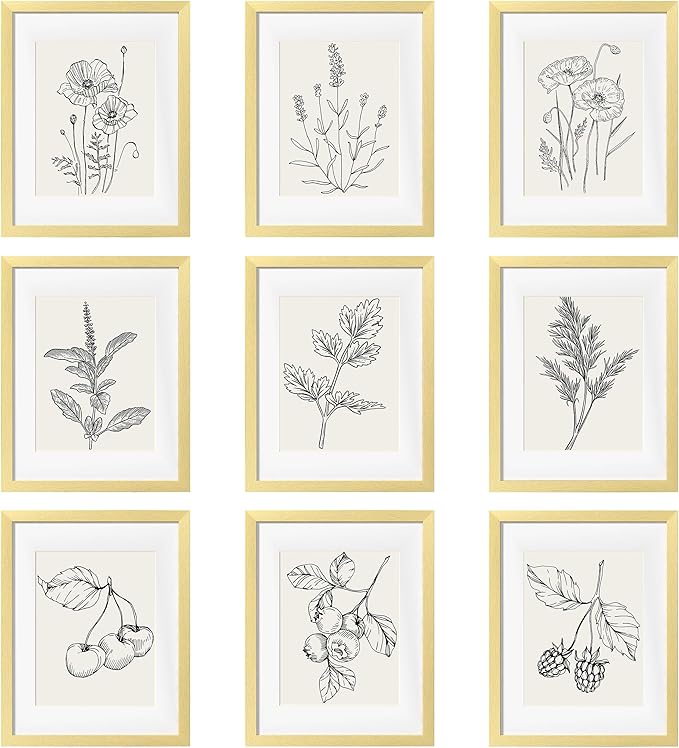 eletecpro 11x14 Picture Frames Set of 9 Modern Gallery Wall Frame Set, Displays 8x10 Photos with Mat or 11x14 No Mat, Gold Picture Frames Collage Wall Decor for Home Decor