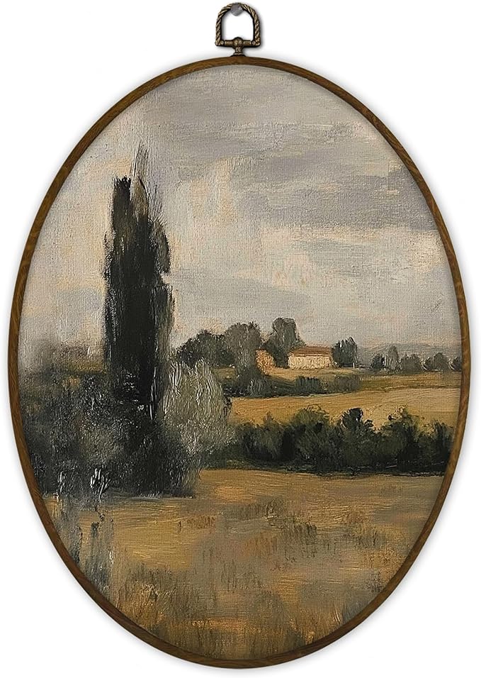 Gnmduw Vintage Country Landscape Oval Wall Art Framed, Antique French Countryside Landscape Canvas Prints Hanging Decor, Farmhouse Cottagecore Scene Wall Decor for Bedroom Living Room, 8.7x11.3 In