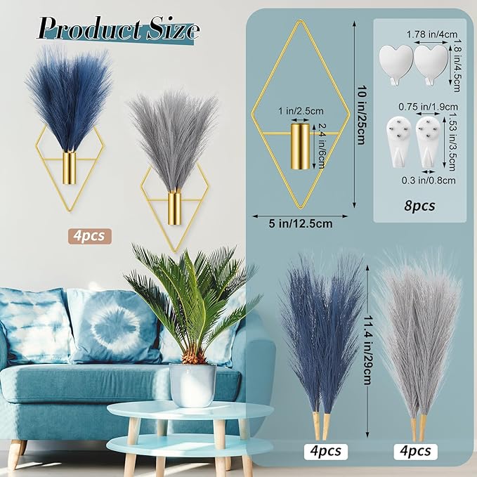 Hanaive 4 Sets Boho Gold Wall Decor Metal Wall Art Hanging Planters with Artificial Pampas Display Art Modern Home Metal Vase for Bedroom Living Room Home Office(Gold, Blue, Light Gray)