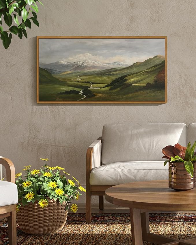SHENIFY 20x40in Extra Large Vintage Framed Wall Art Mountain Range Valley River Landscape Painting Retro Meadow Scenery Farmhouse Bedroom Above of Bed Living Room Decor - Natural Framed