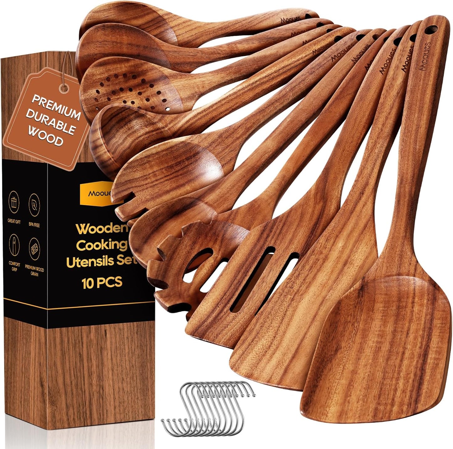 Wooden Spoons for Cooking, 10PCS Teak Wood Cookware Utensil Set with Hooks - Smooth Finish, Non-Stick, Comfortable Grip, Heat Resistant Kitchen Utensils