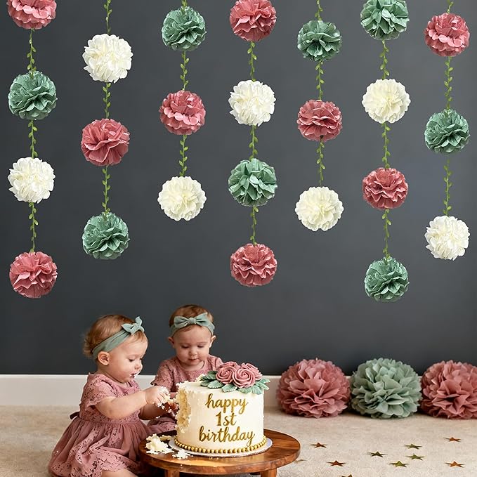 Sage Green Dusty Rose Pink Beige Tissue Paper Flowers Pom Pom with Leaf Ribbon Hanging Garland Streamer for Girl Safari Woodland Jungle Baby Shower Birthday Wedding Garden Party Decorations Supplies