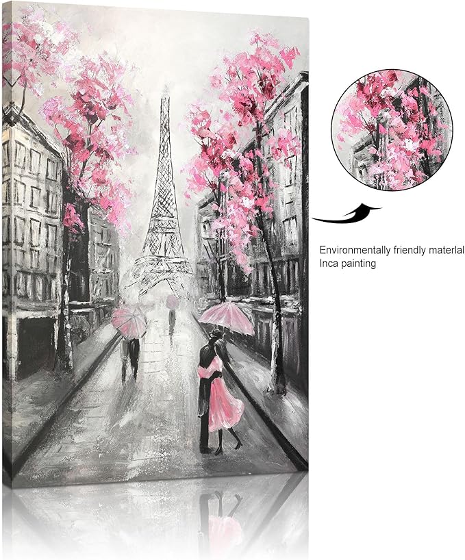 YPY Abstract Paris Canvas Wall Art: Black White Eiffel Tower Hand Painted Oil Painting, Pink and Grey Picture Print Room Decor for Teen Girls Bedroom Bathroom 16" x 24"