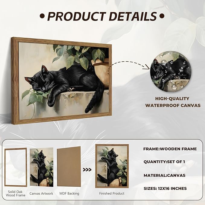 Framed Black Cat Wall Art, Vintage Sleeping Cat Picture Wall Decor, Cute Animal Poster Canvas Prints, Rustic Plant Paintings Artwork for Living room Bedroom Bathroom Decor – 12x16 inch