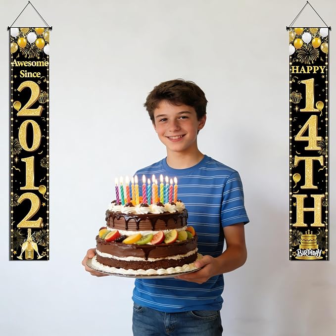 14th Birthday Decorations Boys Girls - Black Gold Awesome Since 2012 Door Banner Porch Wall Decor Backdrop For 14 Year Old Indoor Outdoor Party Supplies