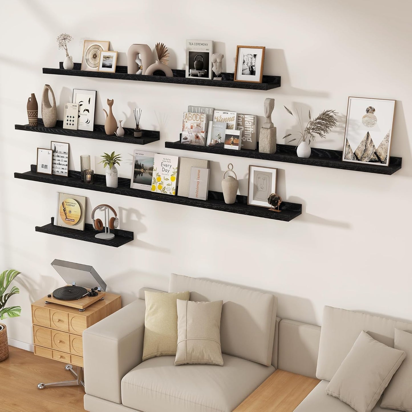 Floating Picture Ledge Shelves 24 Inch Solid Oak Wood Set of 2, Rustic Wall Storage Shelves with Lip, Kids Bookshelf, Photo & Picture Ledge Shelves for Bedroom, Living Room, Kitchen