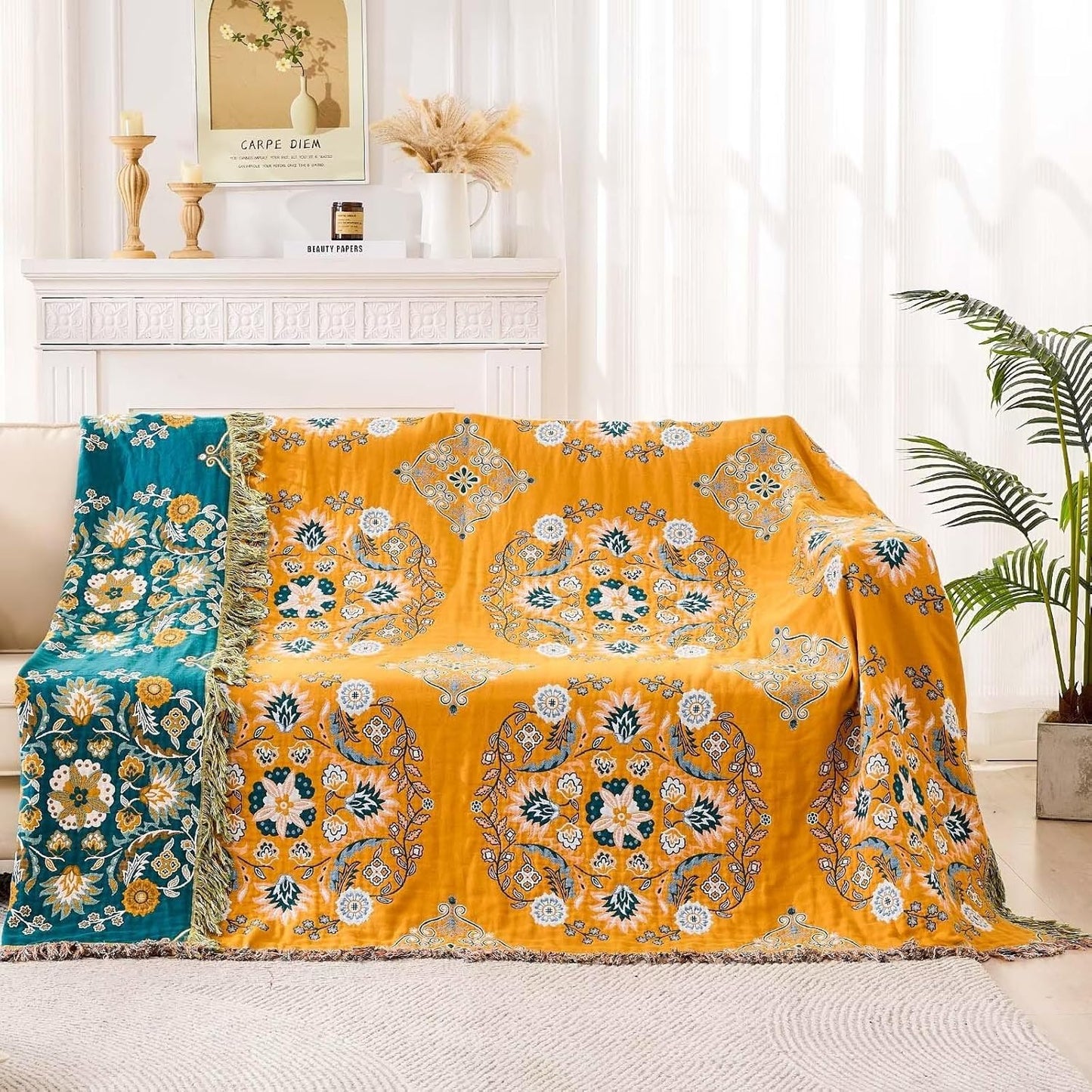 Boho Throw Blanket, 100% Cotton Ultra Soft Luxury Throw Rustic Quilt, Floral Printed Farmhouse Decor Bed Summer Blankets, All Season Rustic Reversible Bohemian Throw for Bed (80"x90" Yellow