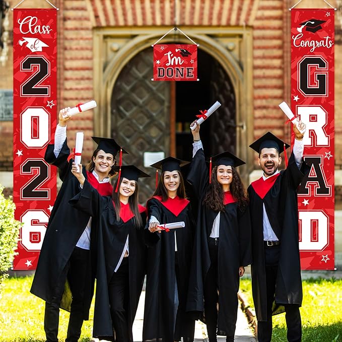 Moukeren 3 Pieces 2026 Graduation Party Decorations Graduation Porch Sign Class of 2026 Grad Hanging Porch Banner Backdrop Door Sign for Grad Party Home Door Wall Decor(Red and Black)