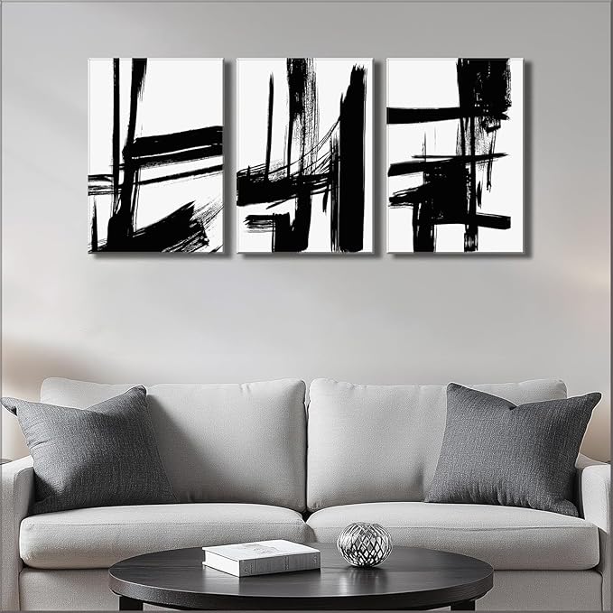 3Pcs Black and White Canvas Wall Art Modern Abstract Paintings Minimalist Line Posters Prints Wall Decor Black and white picture Artwork for Living room Bedroom Bathroom Office Home16x24in Frame