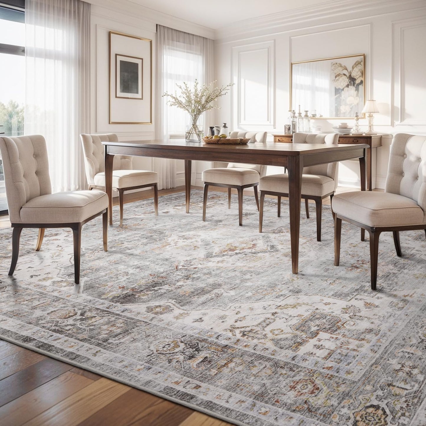 AMOAMI-Area Rug 8X10 Rugs for Living Room-Vintage Soft Grey Rugs for Bedroom-Non Slip Carpet-Washable Rug for Dining Room Living Room Bedroom Office Under Table