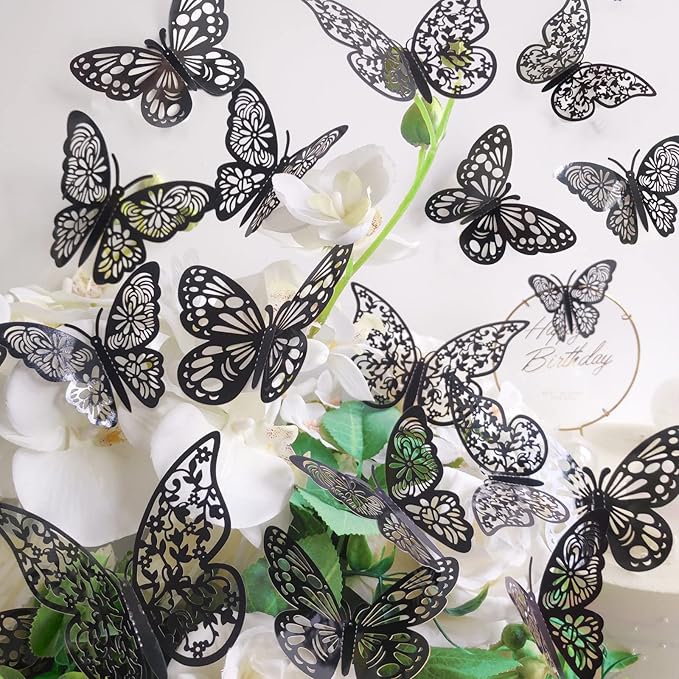 72 Pcs 3D Butterfly Wall Decor - 3 Styles, 3 Sizes, Black, Wedding & Birthday Party Decorations, Girls Bedroom Decoration