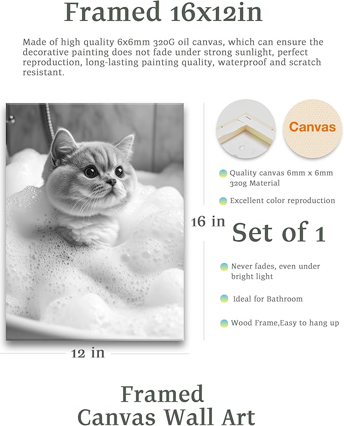 KensTro Funny Bathroom Wall Art Decor,12" x 16" Waterproof Wood Framed Canvas Bathroom Wall Art Picture,Black and White Cat Bathing Wall Art Animal Abstract Prints,Wall Decor for Kid's Room,1Pack Gift