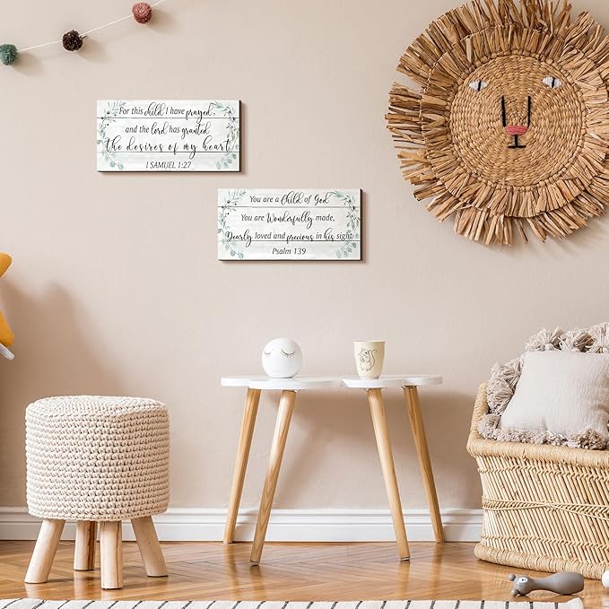 Yookeer 2 Pcs Wood Nursery Wall Decor for Girls Boys Baby Girl Room Decor Nursery Christian Wall Art This Child I Have Prayed Bible Quote Hanging Sign for Kids Home 12 x 6 Inch(Greenery)