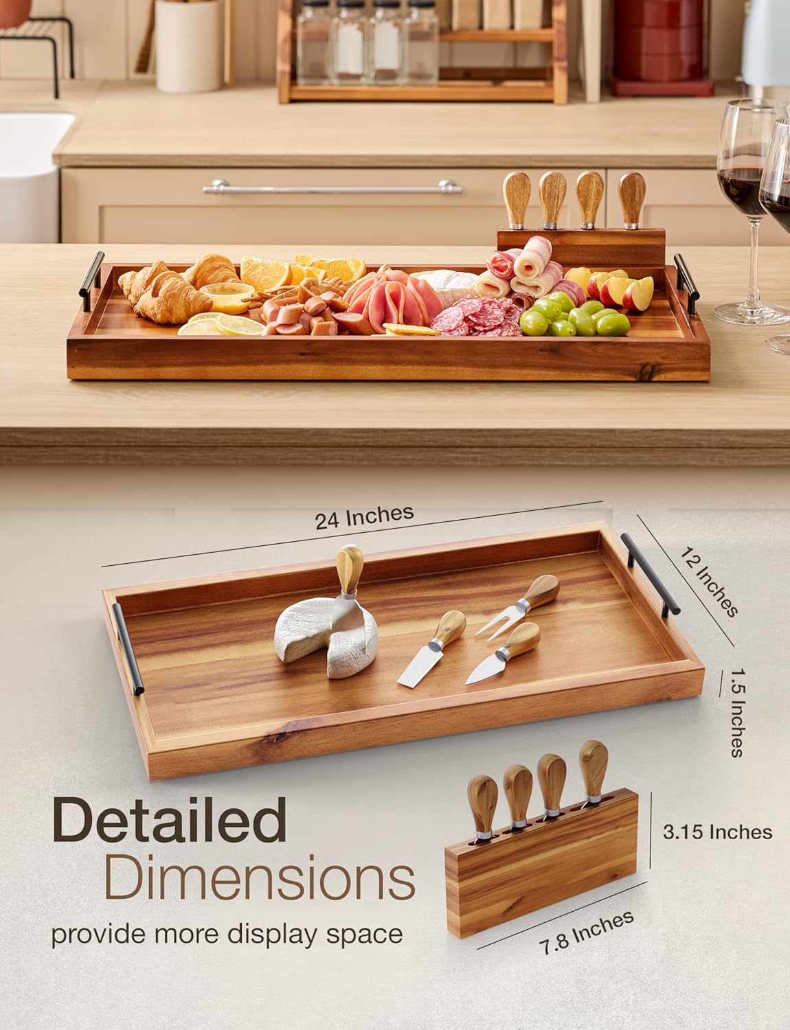 24" Large Charcuterie Tray with Handles, Extra Long Wooden Serving Cheese Boards - Serving Platter for Meat, Party Appetizers, Outdoor & Fruits Display (Acacia Wood)