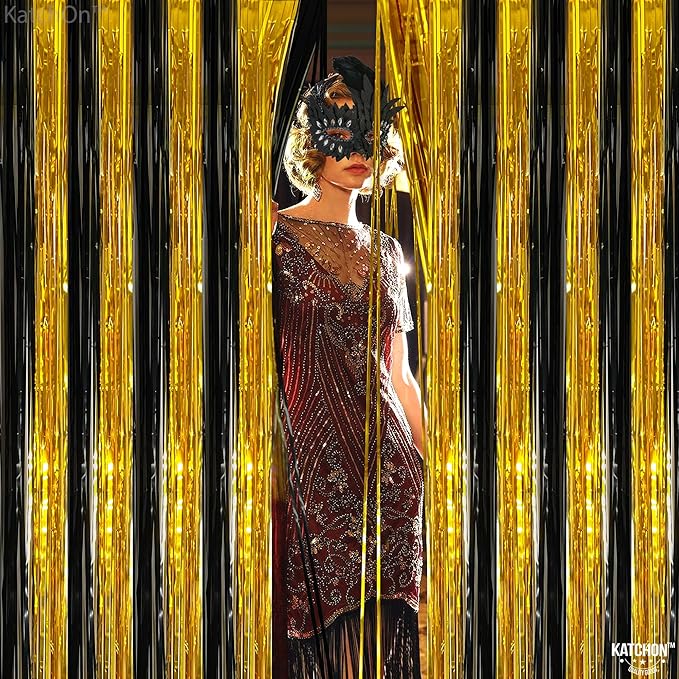 KatchOn, XtraLarge Black and Gold Streamers - 3.2x8 Feet, Pack of 2 | Fringe Curtain for Graduation Decorations 2026, Birthday, Anniversary | Black and Gold Graduation Party Decorations 2026