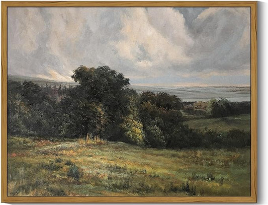 SHENIFY Vintage Landscape Framed Wall Art Rustic Countryside Meadow Farmhouse Decor Retro Vast Grassland Painting for Kitchen Living Room Bedroom Bathroom - 11x14in Natural Framed
