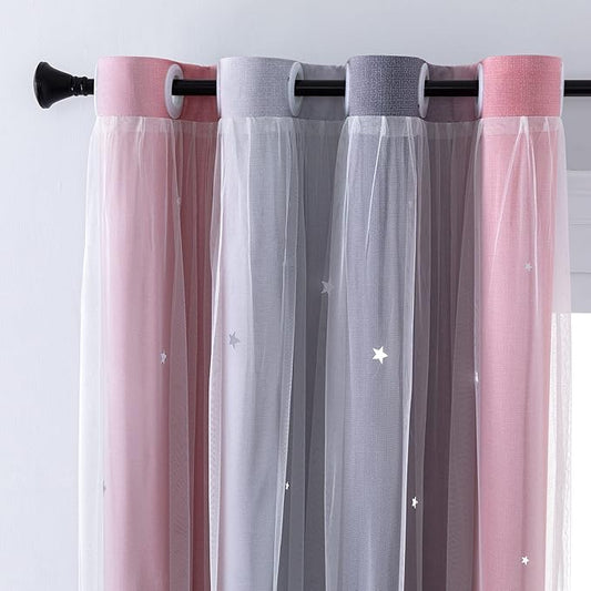 XiDi Curtains for Bedroom Decor, Rainbow Pink-Grey-52-54