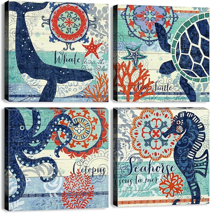 4 Panel Teal Blue Home Wall Art Decor Framed Artwork for Bathroom Living Room Canvas Print Beach Coastal Sea Turtle Octopus Seahorse Whale Pictures Posters Bedroom Decoration 24 x 24 / Piece Set