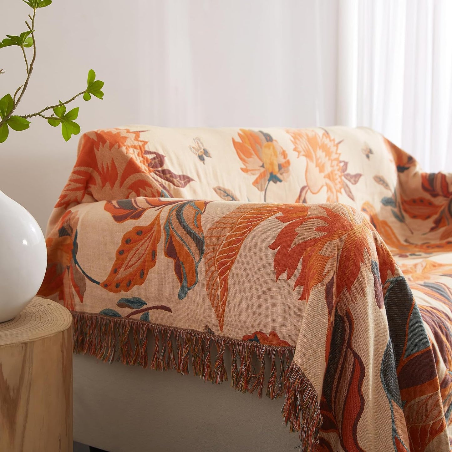 Boho Throw Blanket for Bed 90”x98”, 100% Cotton Woven Blanket for Couch Sofa, Ultra Soft 4-Layer Muslin Quilt with Floral Printed, Farmhouse Bed Blanket/Cover for Living Room Decor