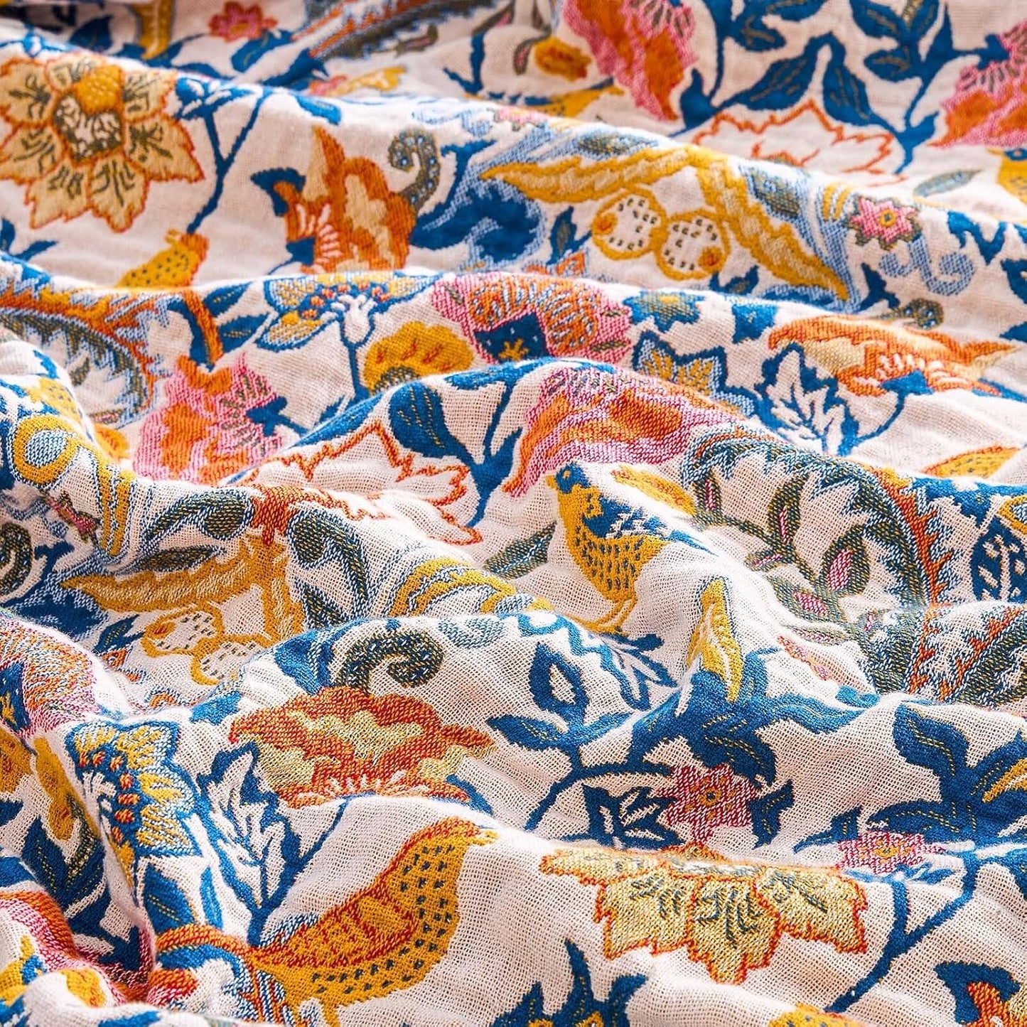 Boho Blanket Throw Quilt, 100% Cotton Soft Light Weight Throw Blankets for Summer, 50"x60" Farmhouse Flower Decorative Blankets, All Season Rustic Reversible Bohemian Throw Quilt