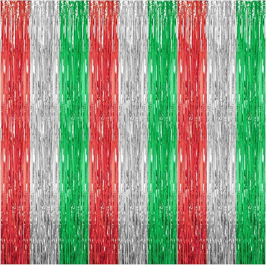 3 Pack Foil Fringe Backdrop - Shiny Tinsel Curtains for Party Decoration/Photo Booth Props - 3.3x8.2FT Metallic Foil Backdrop for Birthday, Wedding, Graduation, Christmas-Red&Silver&Green
