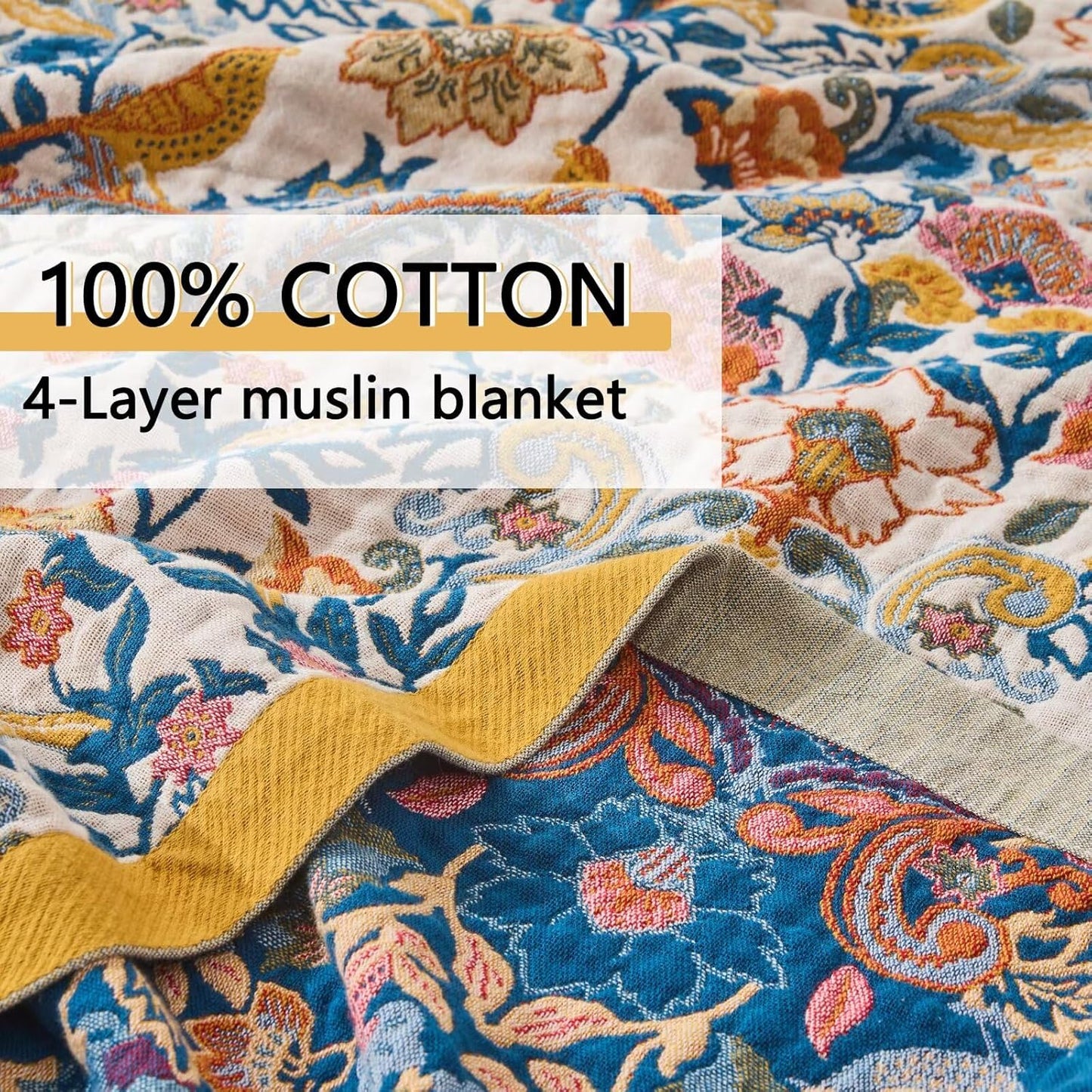 Boho Throw Blanket for Couch,100% Cotton Summer Blanket for Bed, Ultra Soft Rustic Quilt for Bed, Home Decor, Boho Picnic Blankets with Bird and Flowers for All Seasons,Twin 60"x80"