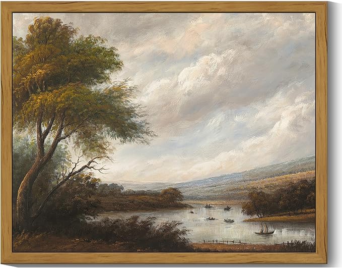 SHENIFY Vintage Landscape Framed Wall Art Riverside Scenery Farmhouse Decor Retro Boat Travel Painting for Kitchen Living Room Bedroom Bathroom - 8x10in Natural Framed