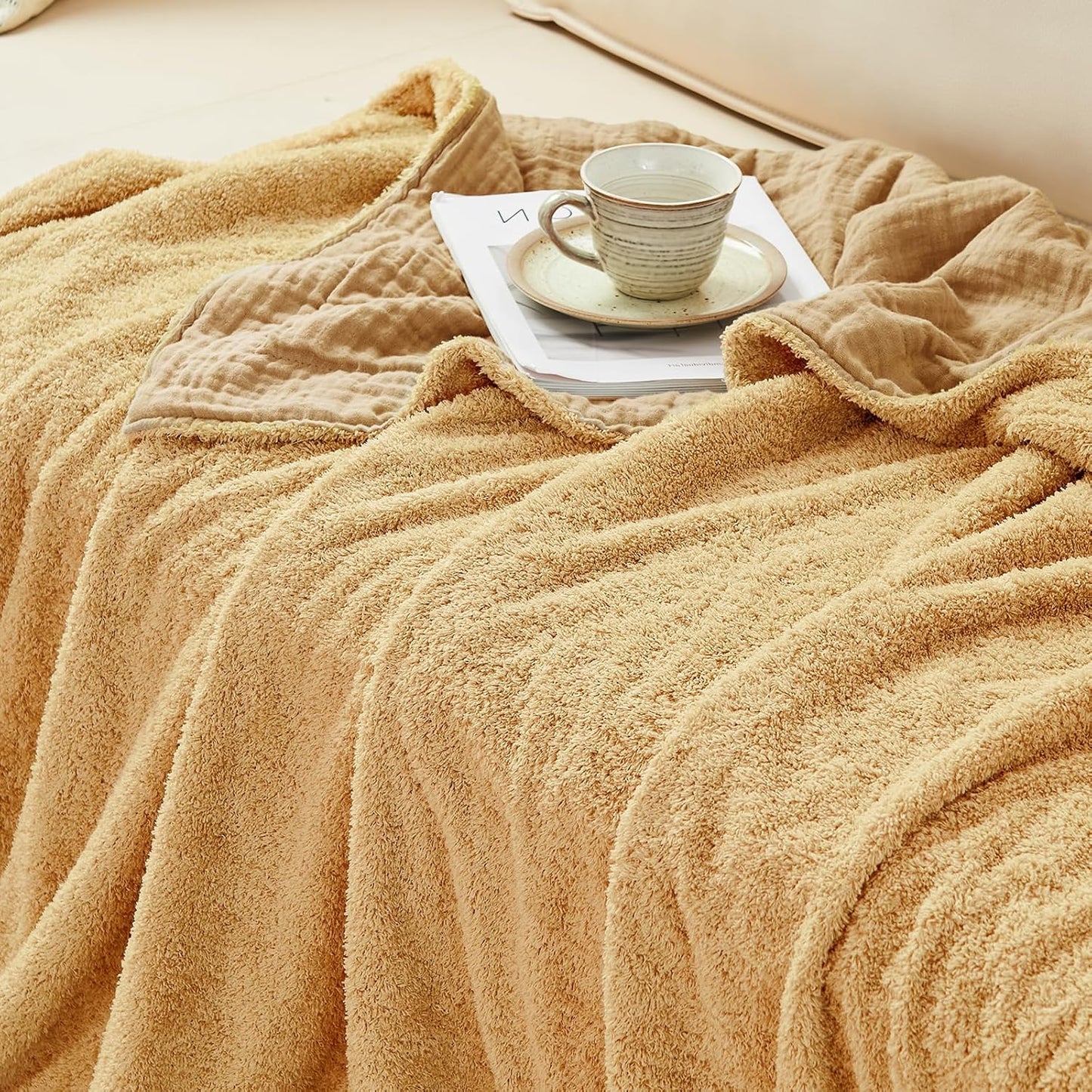 EMME Muslin and Fleece Twin Blanket Reversible - 60"*80" Beige Soft Warm Throw Blankets for Couch Bed Picnic Travel Bed