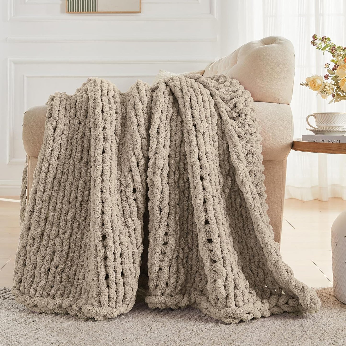 Carriediosa Chunky Knit Throw Blanket 60" X 80" Twin, 100% Hand Made Large Chenille Loop Yarn Soft Fluffy Throws for Couch Sofa Bed, Big Crochet Cozy Heavy Thick Cable Woven Blankets, Taupe
