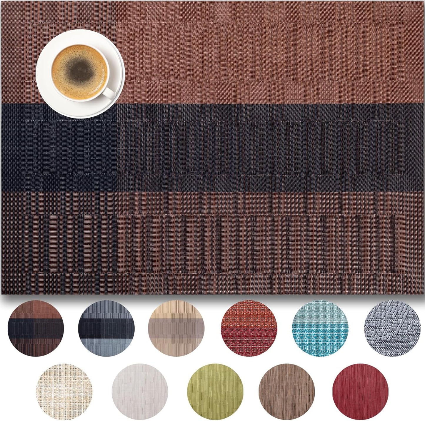 Placemats Set of 4 - Easy Clean Woven Vinyl Placemats for Dining Table, Indoor/Outdoor Place Mats, Washable PVC Table Mats （Ombre Brown Black）
