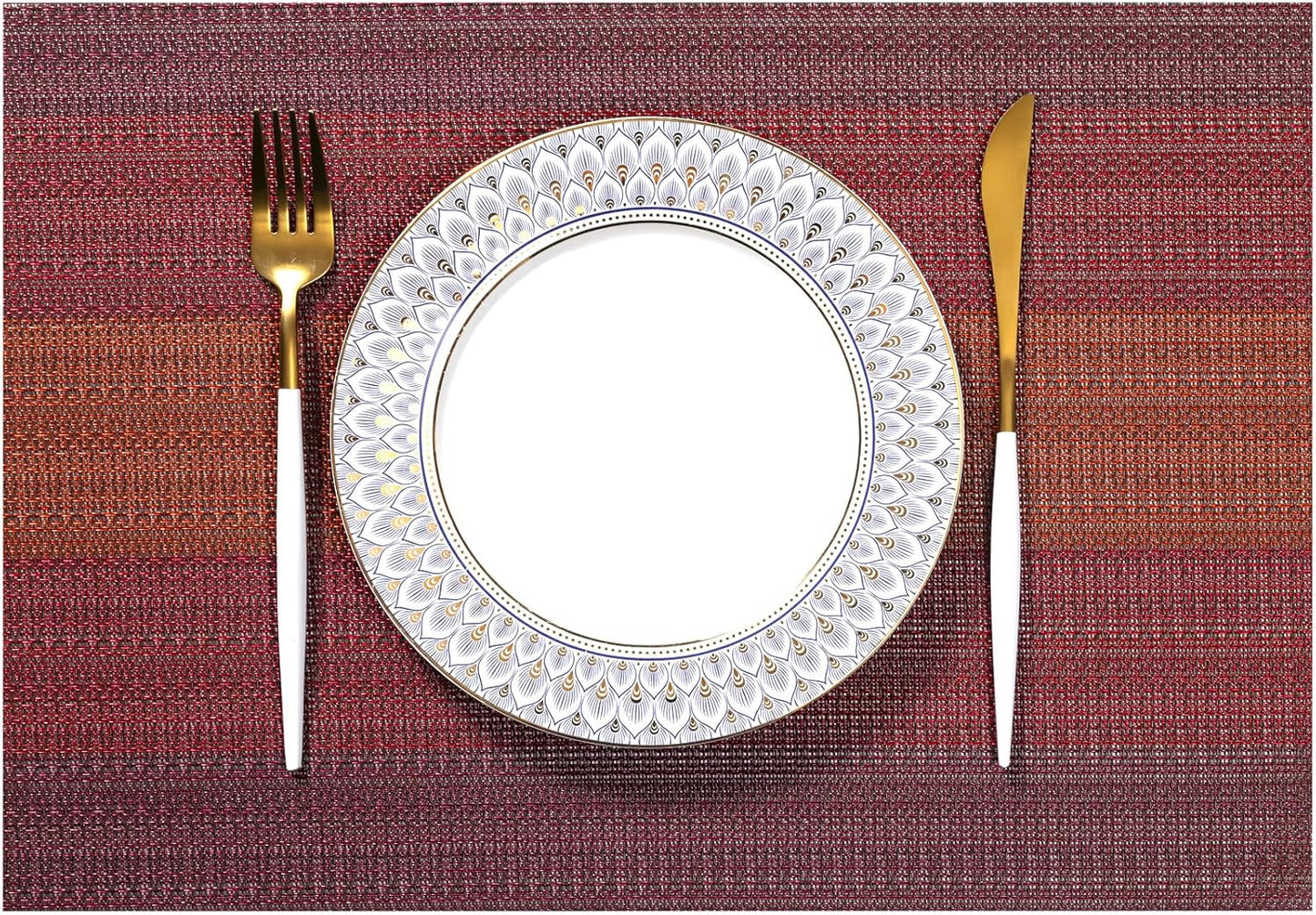 LEXMORE Placemats Set of 8 Vinyl/Plastic Woven Place Mats for Kitchen Table Indoor/Outdoor Washable Placemat Wipeable Dining Table Mats(Pomegranate Parade)