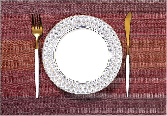 LEXMORE Placemats Set of 6 Vinyl/Plastic Woven Place Mats for Kitchen Table Indoor/Outdoor Washable Placemat Wipeable Dining Table Mats(Pomegranate Parade)