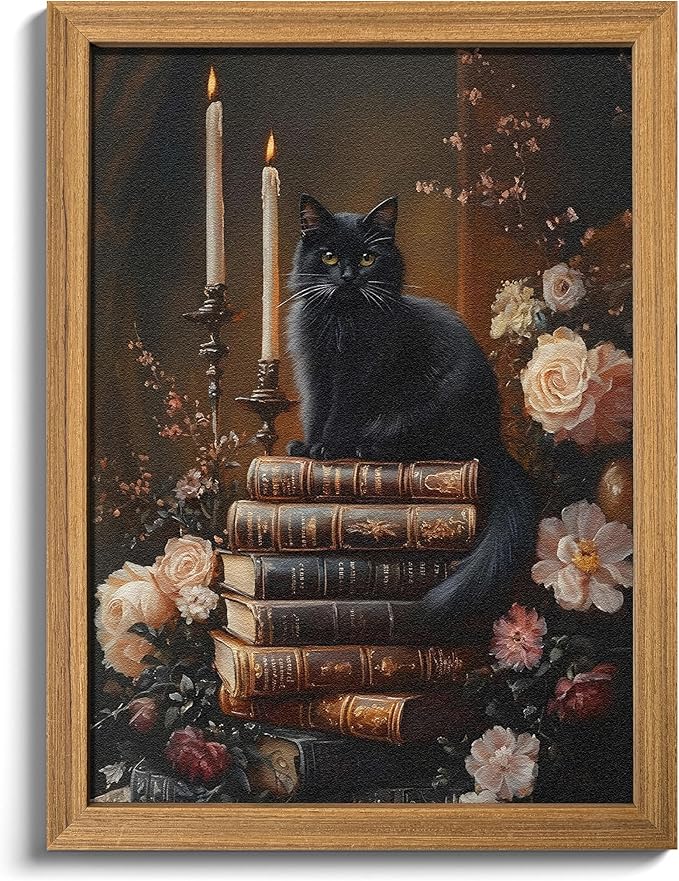 Framed 3D Textured Cat Wall Art – Vintage Books Floral Dark Academia Decor, Victorian Gothic Botanical Flowers Pictures for Living Room Bedroom Gallery Library Wall Decor – 16x24in