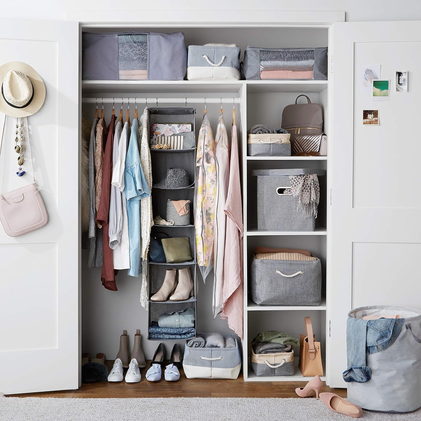 Amazon Basics 6-Tier Hanging Closet Shelf Organizer With Pockets, 8.5" D x 12" W x 9" H, Grey