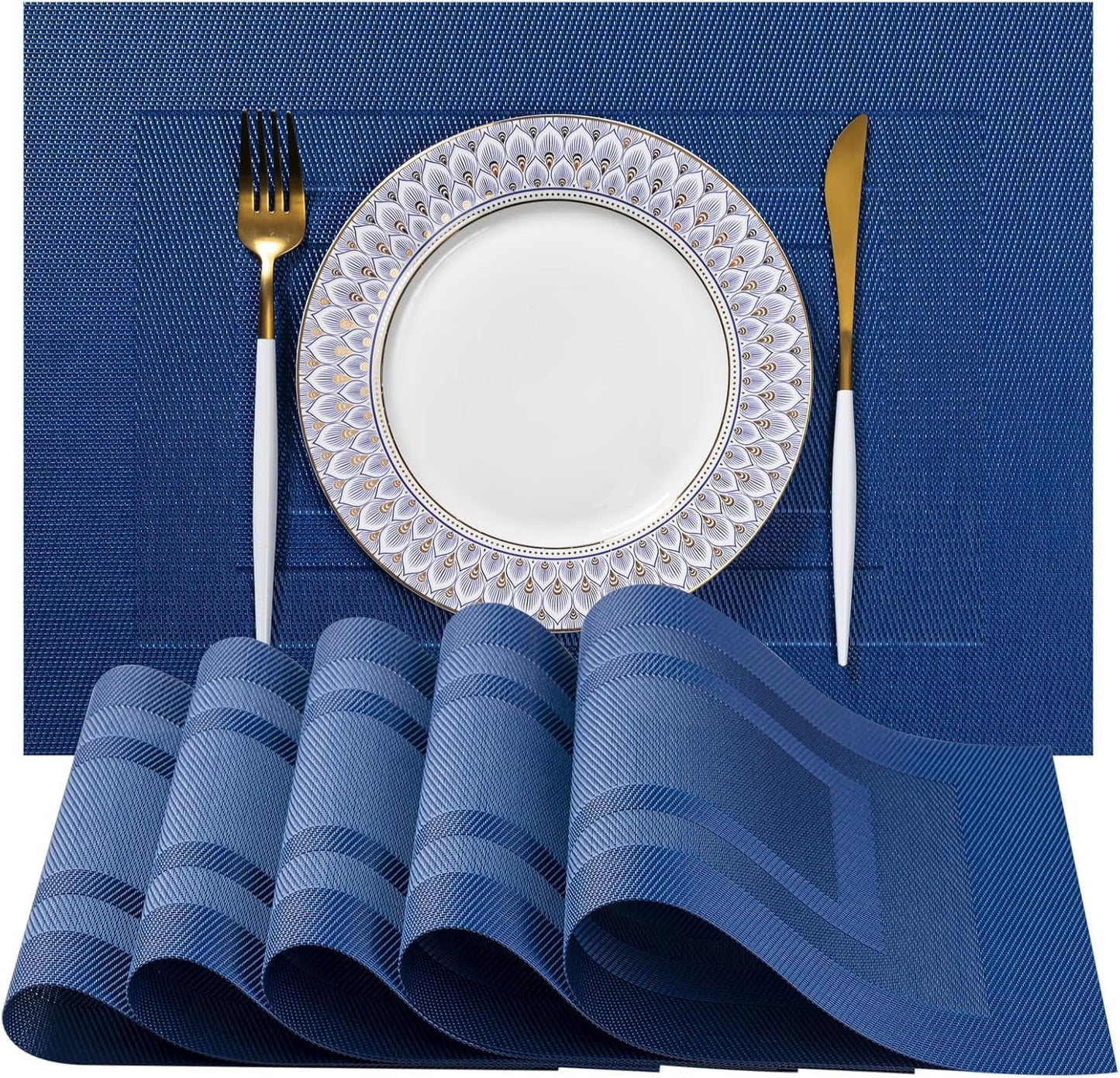 LEXMORE Placemats Set of 8 Vinyl/Plastic Woven Place Mats for Kitchen Table Indoor/Outdoor Washable Placemat Wipeable Dining Table Mats(G-Navy Cube)