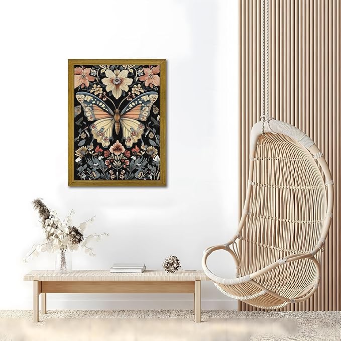 Hand Drawn Sandstone Nature Floral Wall Art, Framed Vintage 3D Textured Butterfly Wall Decor, Gothic Style Flower Insect Print Painting for Living Room Bedroom Home Decor 16x24 inch
