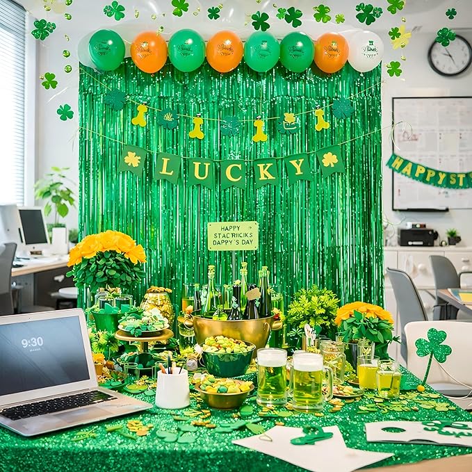 St Patricks Day Decorations Green Fringe Curtain Backdrop 3 Pack 3.2 x 8.2 ft Foil Party Decorations for Birthday, Baby Shower & Graduation – Melsan
