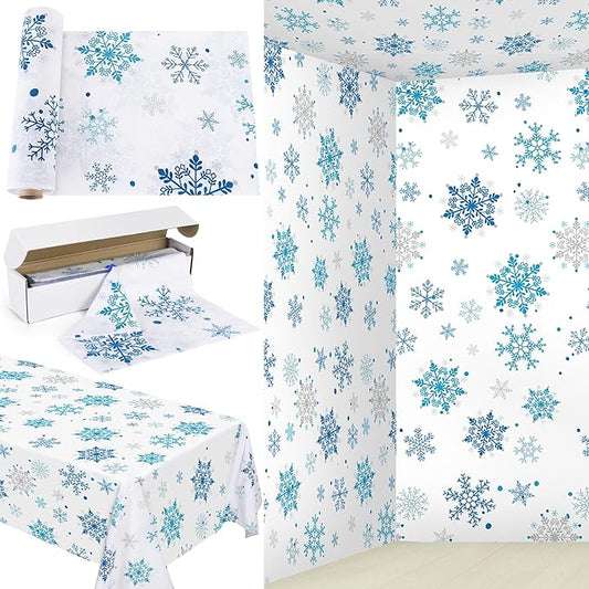 Kochorie 100 Ft x 54 Inch Christmas Snowflake Printed Tablecloth Roll with Cutter Box Disposable Blue and White Winter Snowflake Backdrop Cut to Size Table Cover for Frozen Birthday Party Supplies