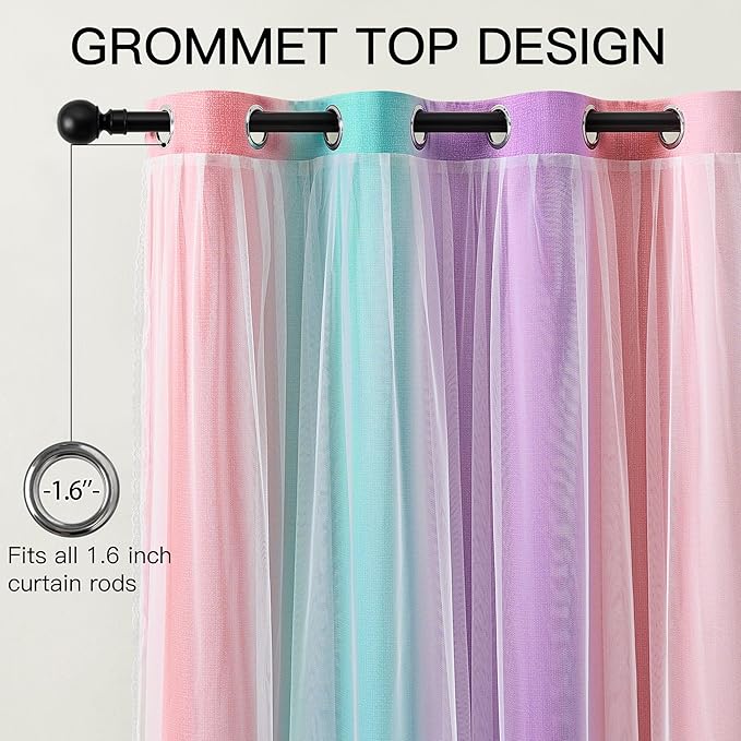 XiDi Kids Blackout Curtains with Sheer Overlay for Girl Bedroom 96 Inches Long Pink Purple Green Rainbow Princess Double Layer Curtain Thermal Insulated Room Darkening Grommet Drapes 2 Panels W34xL96