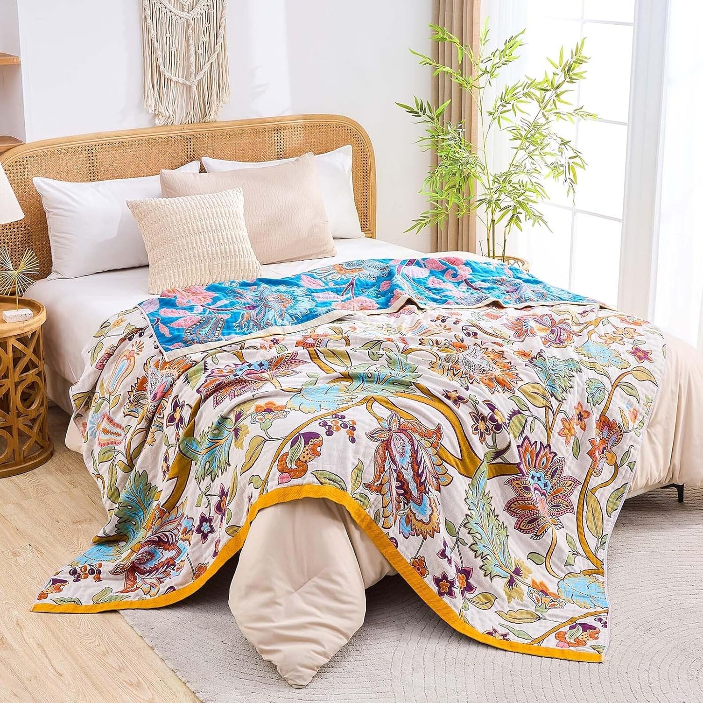 Boho Throw Blanket for Bed, 100% Cotton Soft Rustic Quilt Fall Blanket, 90"x98" Floral Printed Farmhouse Decor Bed Blankets, All Season Rustic Reversible Bohemian Throw Quilt